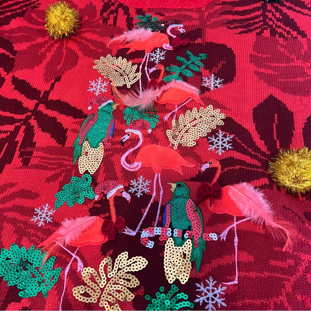 33 Degrees Pink Flamingo Birds with Feathers Embellished Ugly Christmas Sweater